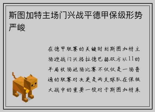 斯图加特主场门兴战平德甲保级形势严峻