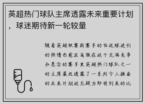 英超热门球队主席透露未来重要计划，球迷期待新一轮较量